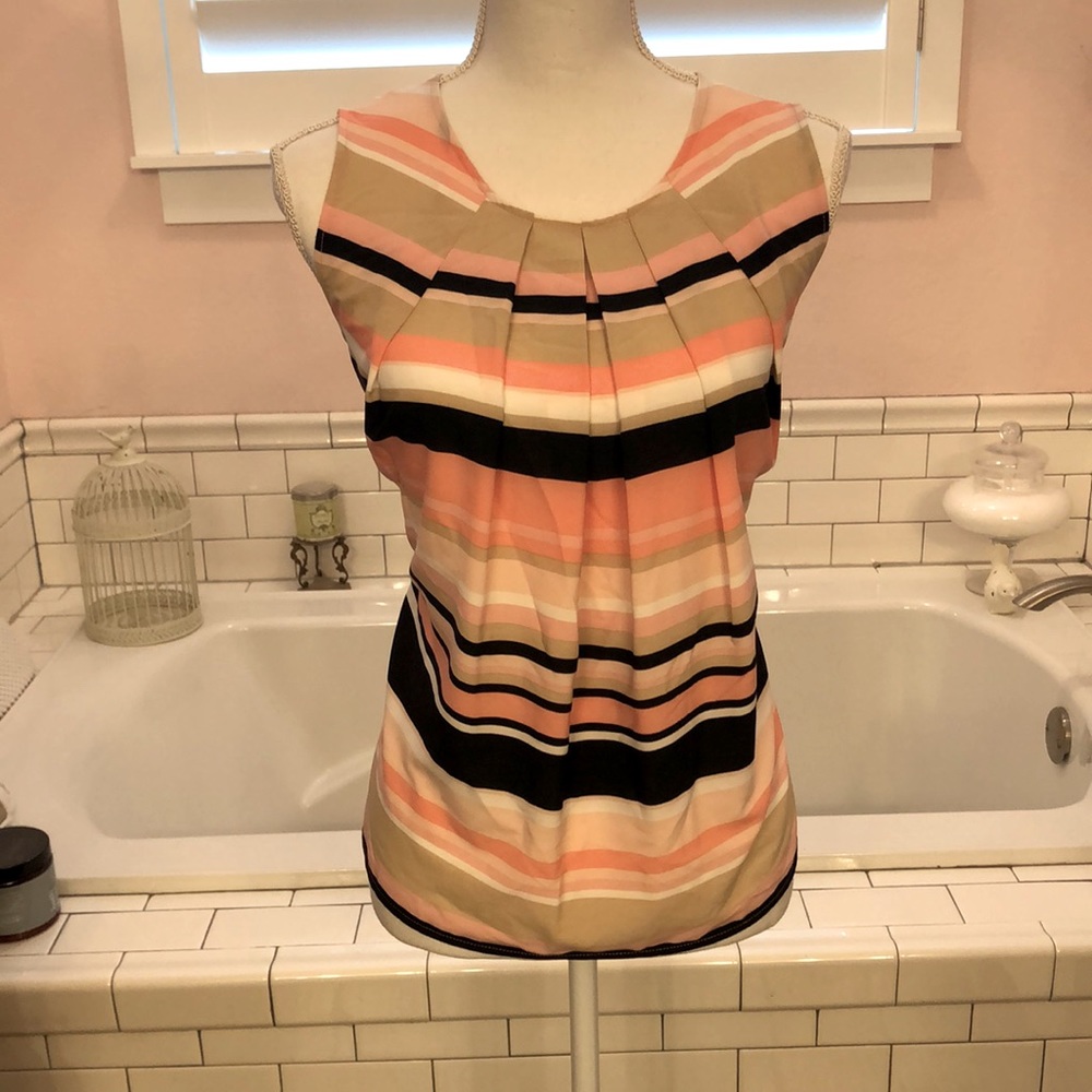 Tommy Hilfiger pink peach tan black and white striped shell top size Large